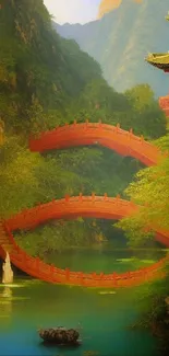 A serene Asian landscape with red bridges and lush greenery.