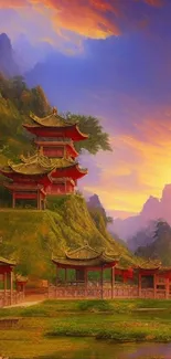 Serene Asian landscape with pagodas at sunset, featuring vibrant colors and tranquil scenery.