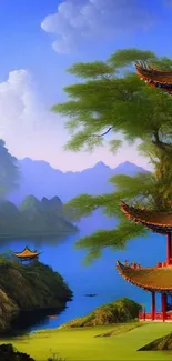 Beautiful Asian landscape with temple and mountains, vibrant and serene.