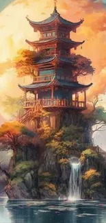 Serene pagoda atop a cliff with a cascading waterfall at sunset.