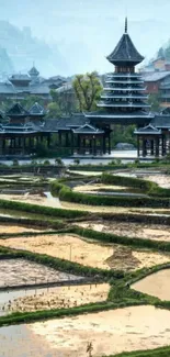 Scenic view of rice terraces with traditional Asian architecture.