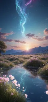 Fantasy landscape with aurora, river, and wildflowers at dusk.