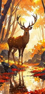 Majestic deer stands in a vibrant autumn forest