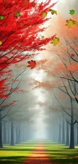 Serene autumn forest path with red foliage and mist.