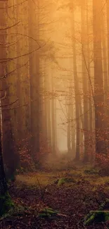 Serene autumn forest path with golden hues and mist.