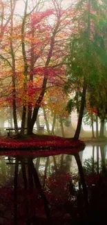 Misty autumn forest with vibrant foliage reflected in a tranquil lake.