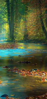 Serene forest stream surrounded by autumn leaves and lush greenery.