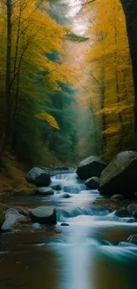 Serene autumn forest stream with golden leaves and flowing water.