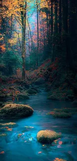 Peaceful autumn forest stream with vibrant foliage and clear, flowing water.