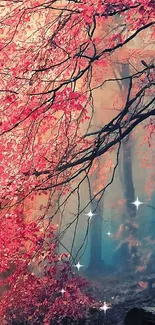 Vibrant pink leaves in a misty autumn forest scene.