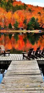 Scenic autumn lake reflection with vibrant foliage and a wooden dock.