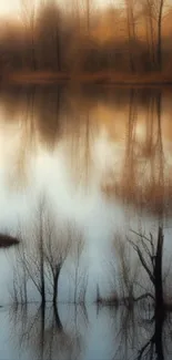 Mobile wallpaper of barren trees reflecting in a serene autumn lake.