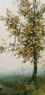 A serene lake scene with a tree and boat in autumn colors.