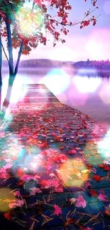 A serene autumn lake with a dock and vibrant red leaves in a purple mist.