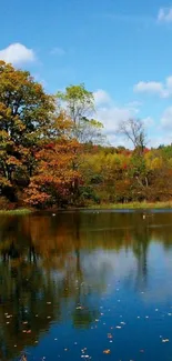 Autumn lake with colorful reflections under a blue sky.