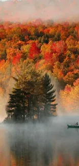 Misty lake with a canoe amidst vibrant autumn trees.