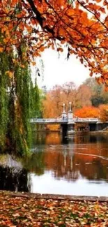 Serene autumn landscape with orange leaves and a tranquil lake view.