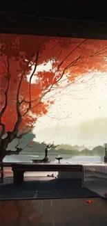 Serene autumn lake view with orange leaves and a tranquil atmosphere.