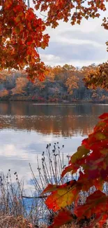 Autumn leaves by a serene lake with colorful reflections.