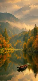 Autumn landscape with lake and mountains.