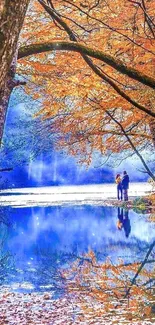 Scenic autumn lake with golden leaves and reflections in the water.