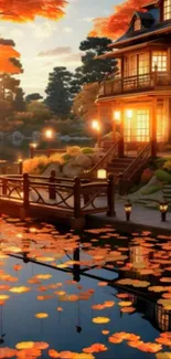 Lakeside house with orange leaves reflecting in the water during autumn sunset.