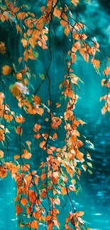 Autumn leaves over serene blue water.