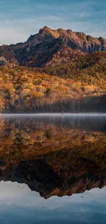 Autumn mountain scene reflected in a calm lake.