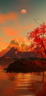 Autumn mountain landscape with tree and sunset reflection.