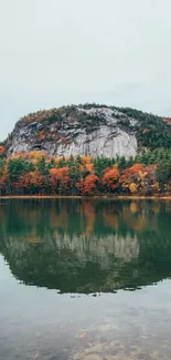 Autumn mountain and lake reflecting vibrant fall colors in serene landscape.