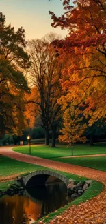 Mobile wallpaper of a serene autumn path with vibrant trees and a small bridge.