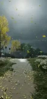 Autumn leaves falling on serene pathway under grey sky.