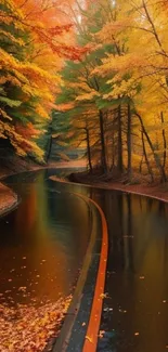 Serene river path with vibrant autumn foliage in a peaceful woodland setting.