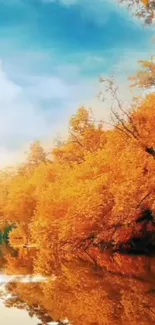 Autumn river scene with orange foliage reflecting in calm water.