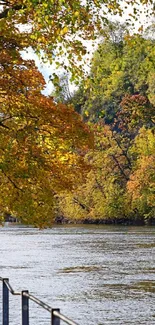 Autumn river landscape with colorful foliage and serene waters.