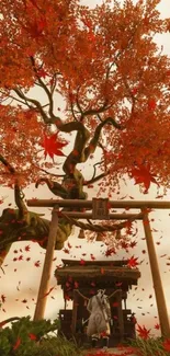 Japanese torii gate with autumn leaves and vibrant red-orange tree.