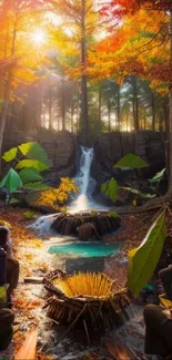 Calm waterfall in vibrant autumn forest.