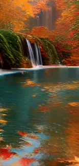 Serene autumn waterfall with vibrant foliage, perfect for mobile wallpaper.