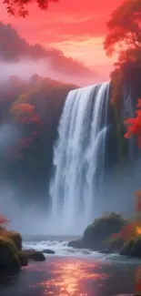 Serene waterfall amidst vibrant autumn foliage under a colorful sky.