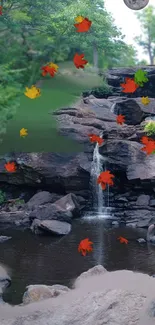 Serene waterfall with autumn leaves.