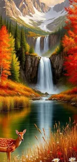 Autumn landscape with waterfall and golden foliage.