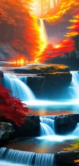 Vibrant waterfall with autumn hues and cascading water.