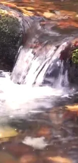 Autumn waterfall with vibrant leaves and serene flowing water.