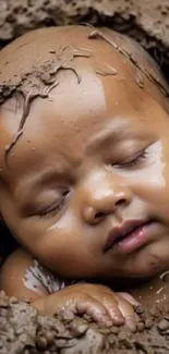 Sleeping baby surrounded by soft mud, creating a serene and peaceful wallpaper.