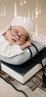 Adorable baby in glasses sleeping on cushion with books, exuding peace.