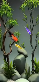 Serene aquarium wallpaper with koi fish and bamboo.