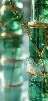 Bamboo stems with sparkling water droplets and green tones.