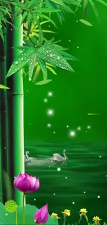 Serene bamboo and swan lake wallpaper