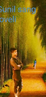 Serene bamboo pathway with lush greenery.