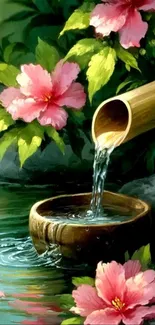 Bamboo waterfall with pink hibiscus flowers in a tranquil setting.